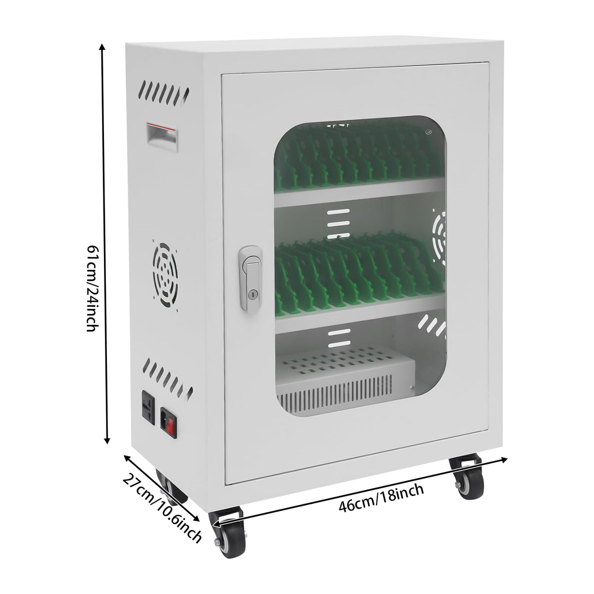 30 Device Charging Station, Mobile Charging Cart for Phones with Tempered Glass Door Rolling Phone Charging Cabinet with Cable Management Slot for Classroom Office (White)