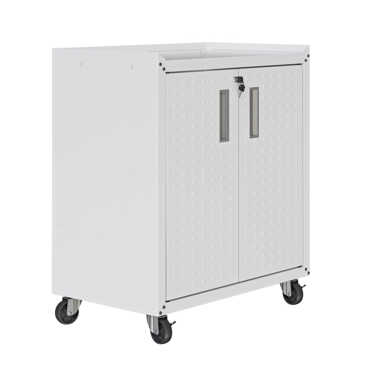Manhattan Comfort Fortress Rolling Garage Storage Cabinet with 2 Adjustable Shelves, Lockable Metal Tool Compartment, Heavy-Duty Mobile Utility Organizer with Wheels, White