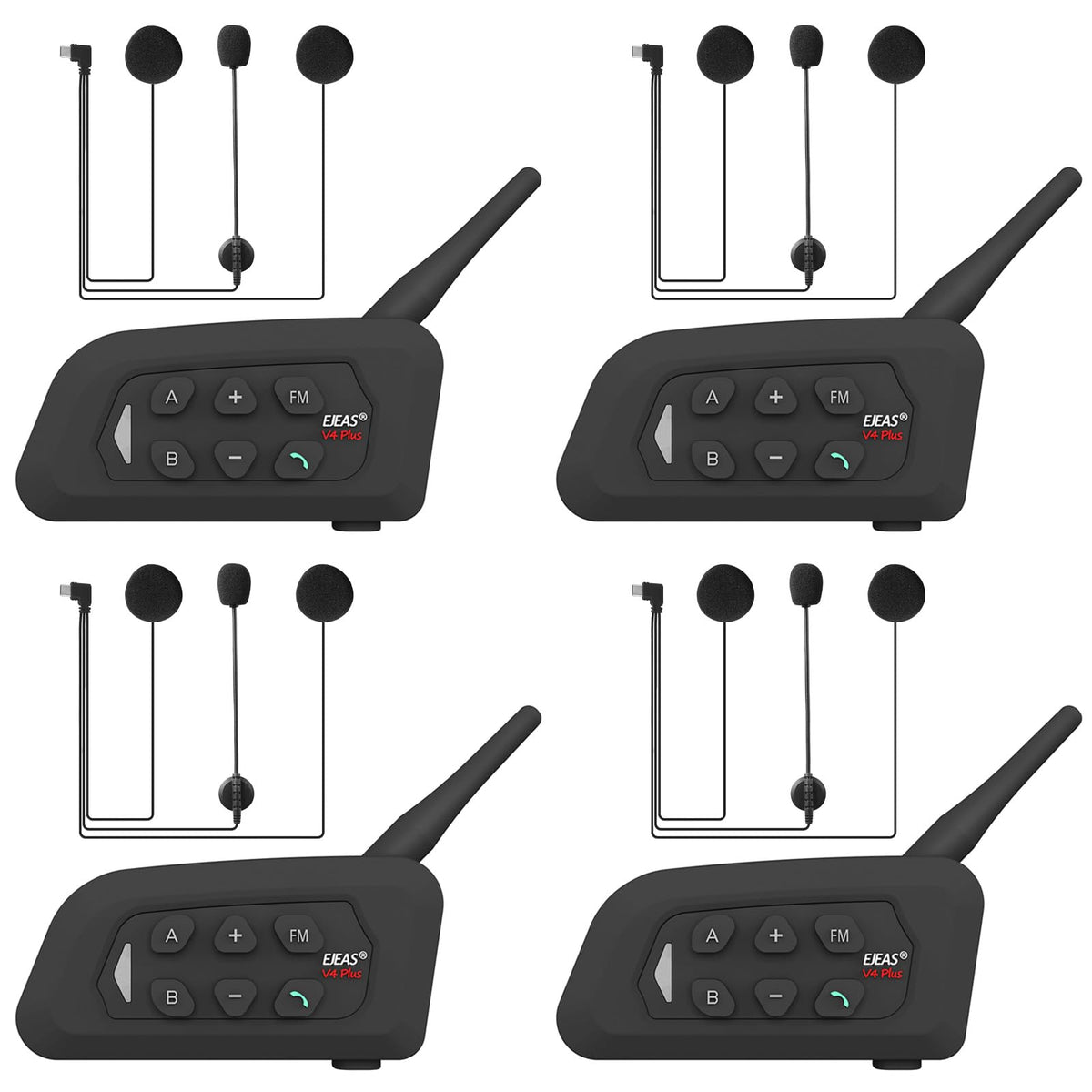 GaiRen V4 Plus Motorcycle Bluetooth Helmet Intercom Headset, 4 Rides Group Communication System for Motorcycling Soccer Referees Skiing ATV/Off Road (4 Pack)