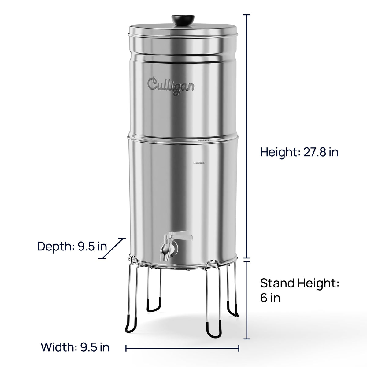 Culligan MaxClear 3 Gallon Gravity Water Filter System, Polished Stainless-Steel Countertop Water Filter NSF/ANSI Certified to Reduce Microplastics, Lead & Total PFAS, with 1 Ceramic Filter
