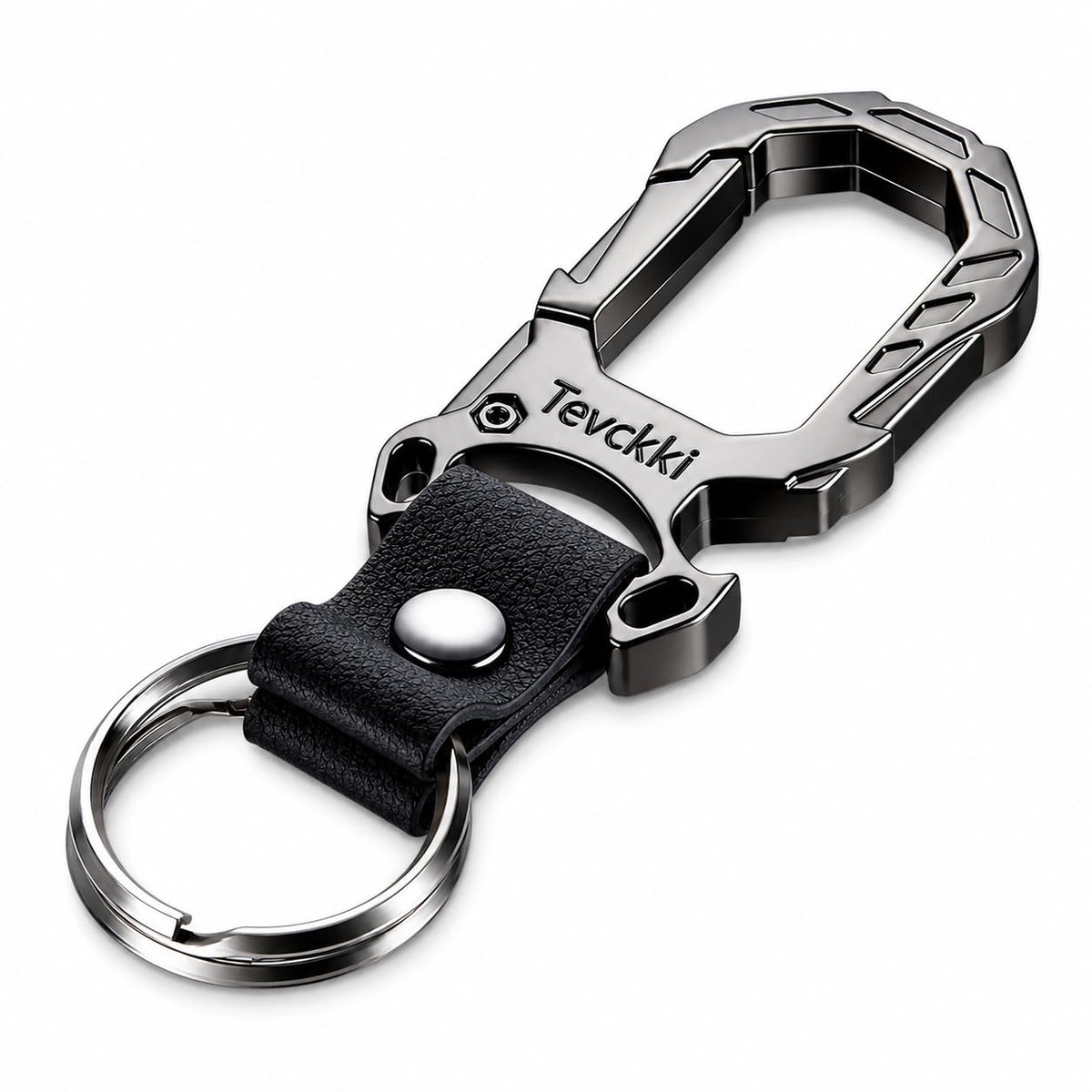 Tevckki Tactical leather keychains Carabiner Car Key Chains Bottle opener .Metal Clip Keychain with Anti-Lost 2 Key Rings Universal for men and women.(Black)