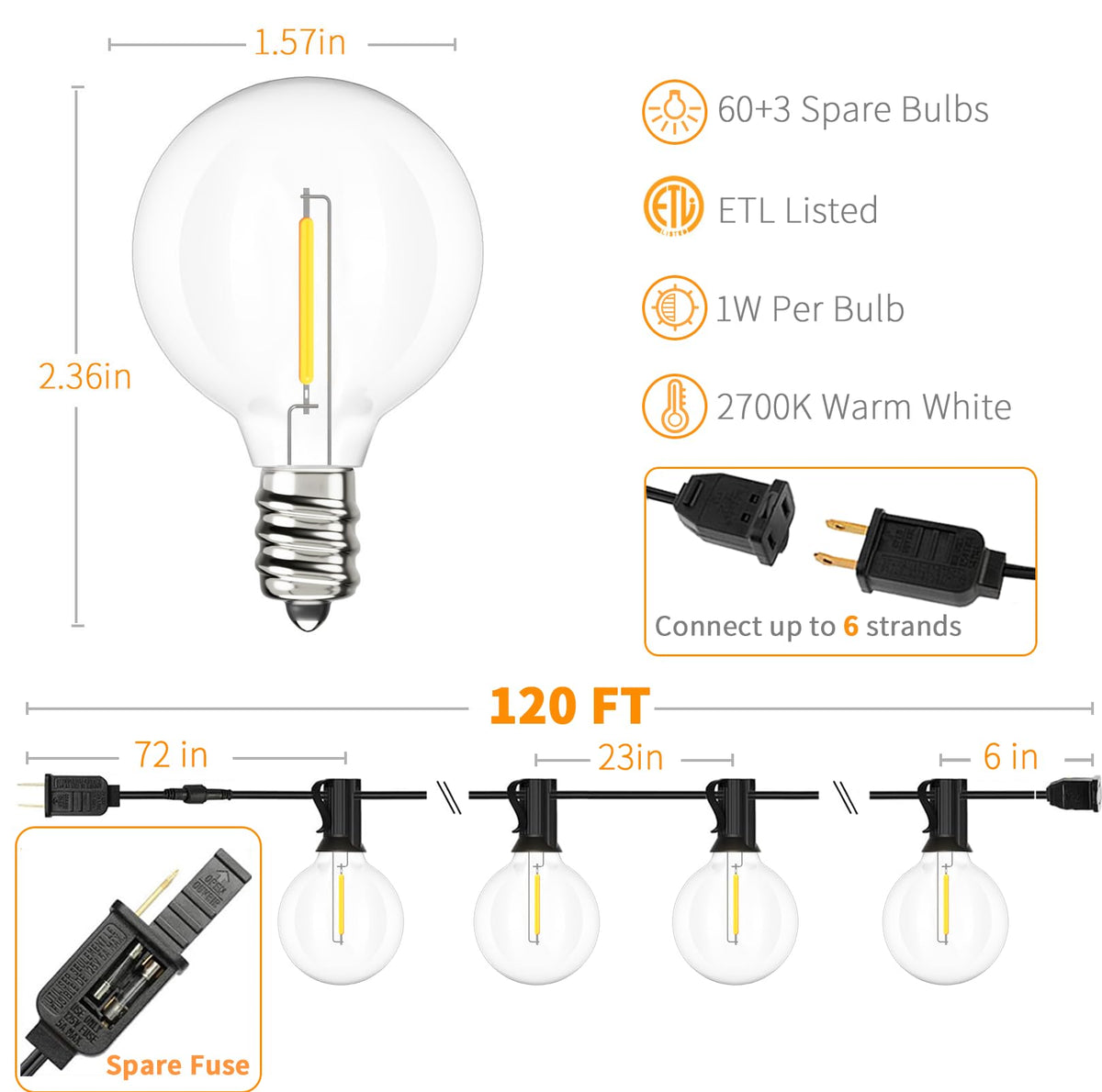 Svater 192 FT Outdoor String Lights 2W + 120 FT Patio Light with 63 Shatterproof LED Bulbs