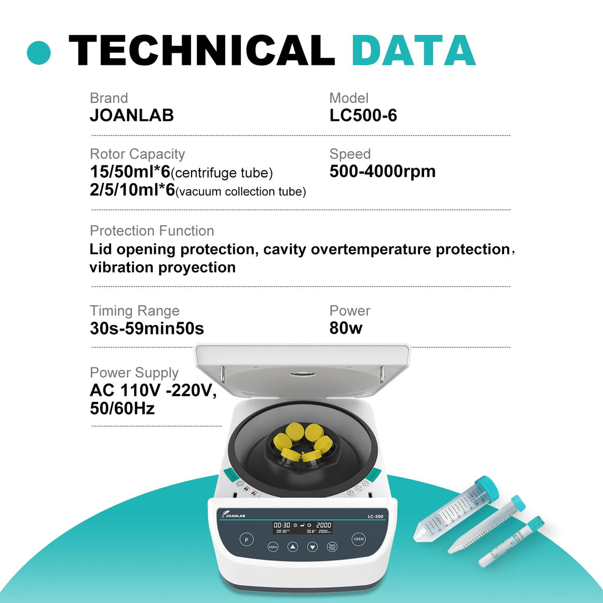 JOANLAB Digital Lab Centrifuge Machine 2ml/5ml/10ml/15ml/50ml x 6,Low Speed 500-4000rpm,2146xg RCF Lab Benchtop Centrifuges w/Time