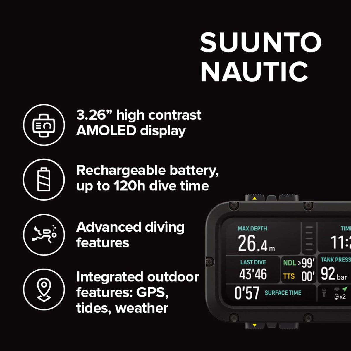 SUUNTO Nautic Dive Computer with Bungee Cord, Bright AMOLED Display, Integrated LED Flashlight, Up to 120H, GPS & Underwater Route Tracking, Wireless Tank Pressure Monitor