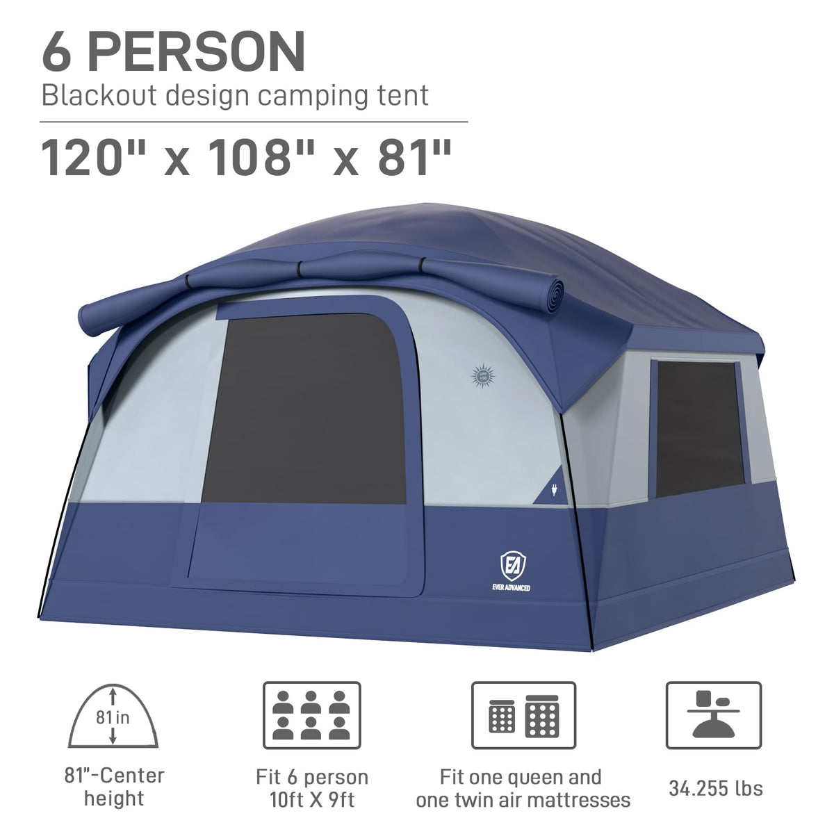 EVER ADVANCED Blackout Design 6 Person Camping Tent with 80 sq.ft Massive Vestibule, Large Mesh Screen Room, 81in Tall Expanded Headroom, Blackout Coating, 4000mm Water-Resistant Compact Grey Blue