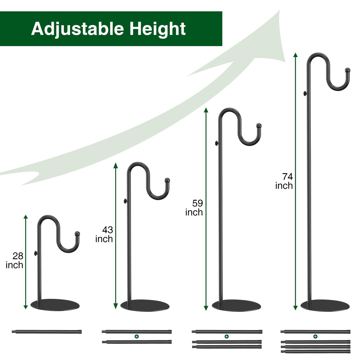 74" Shepherds Hook Stand for Plant: Hanging Bird Feeders, Plants, Lanterns, Wreath and Wind Chimes, Adjustable Free Standing Pole Holder with Heavy Duty Base for Indoor & Outdoor, Holds Up to 20 LBS
