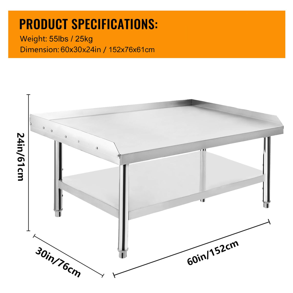 GarveeTech Stainless Steel 60x30x24 inch Equipment Grill Stand Table, 660 LBS Top and Bottom Shelf, Adjustable Legs, 2 inch Edge Baffle, for Hotel, Home, Commercial Restaurant Kitchen