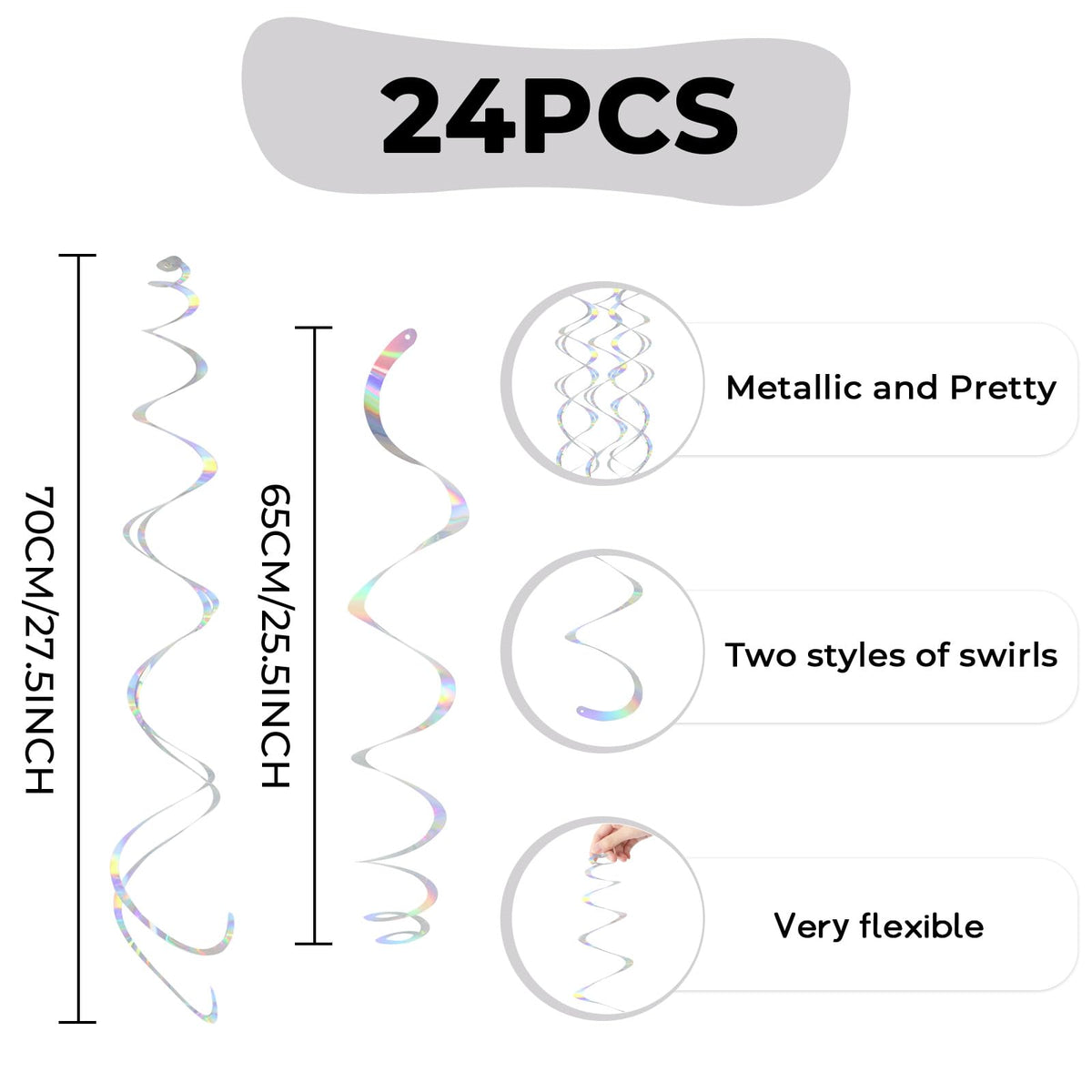 24 PCS Iridescent Hanging Swirl, Shinny Holographic Ceiling Decorations, Plastic Streamer Party Decorations with Double-Swirls and Single-Swirls for Birthday Decorations,Mermaid,Wedding, Baby Shower