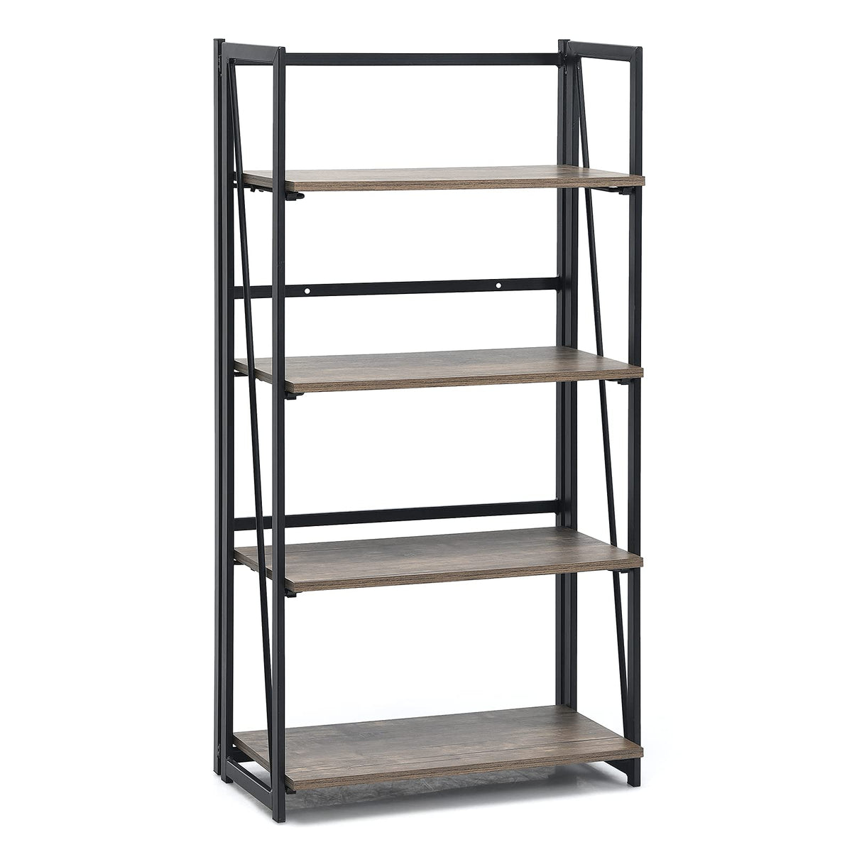 Giantex 4-Tier Bookshelf, No-Assembly Folding Industrial Storage Shelves w/Anti-Tipping Wall Bolt, Large Storage Space Display Rack and Freestanding Storage Organizer