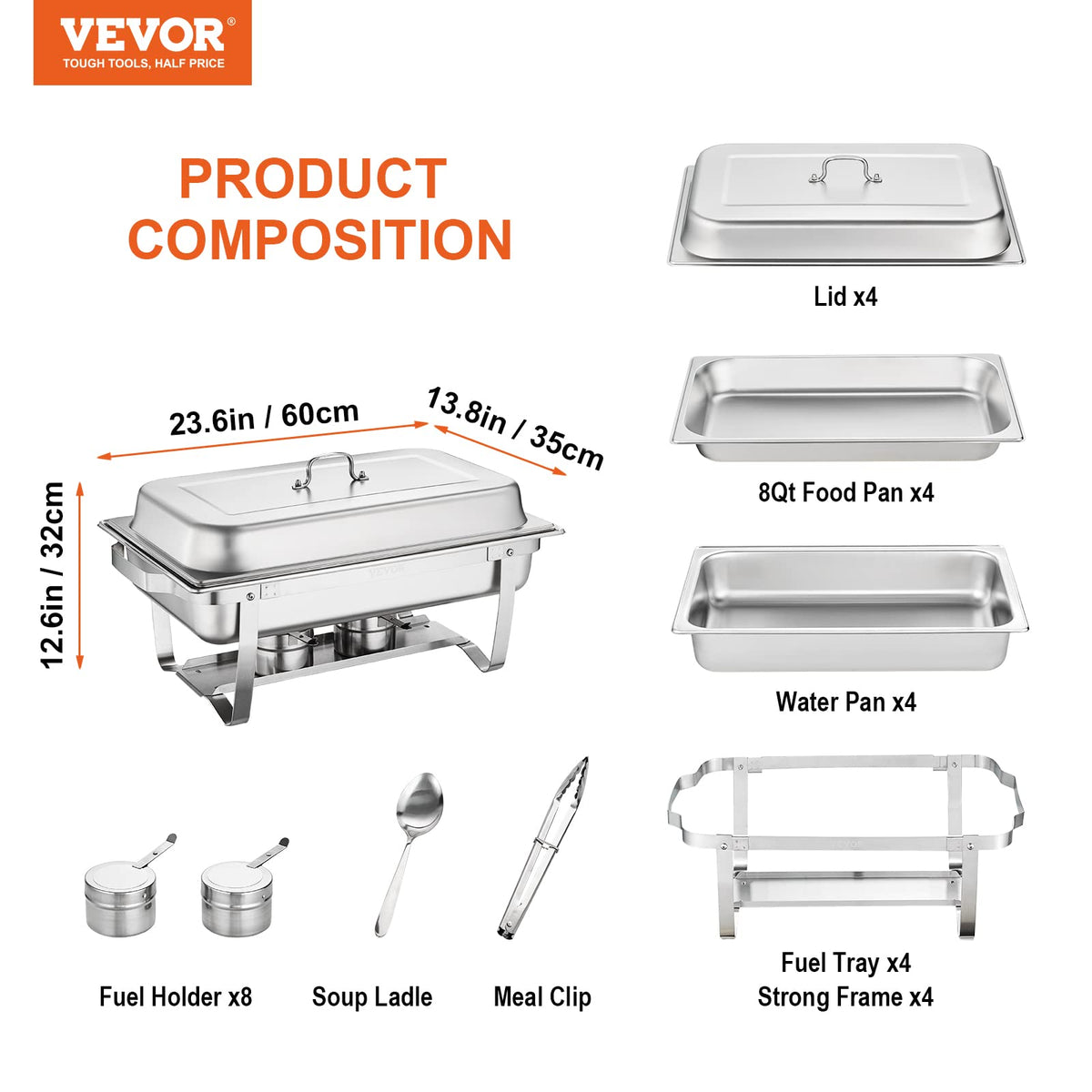 VEVOR Chafing Dish Buffet Set, 8 Qt 4 Pack, Stainless Chafer with 4 Full Size Pans, Rectangle Catering Warmer Server with Lid Water Pan Folding Stand Fuel Tray Holder Spoon Clip