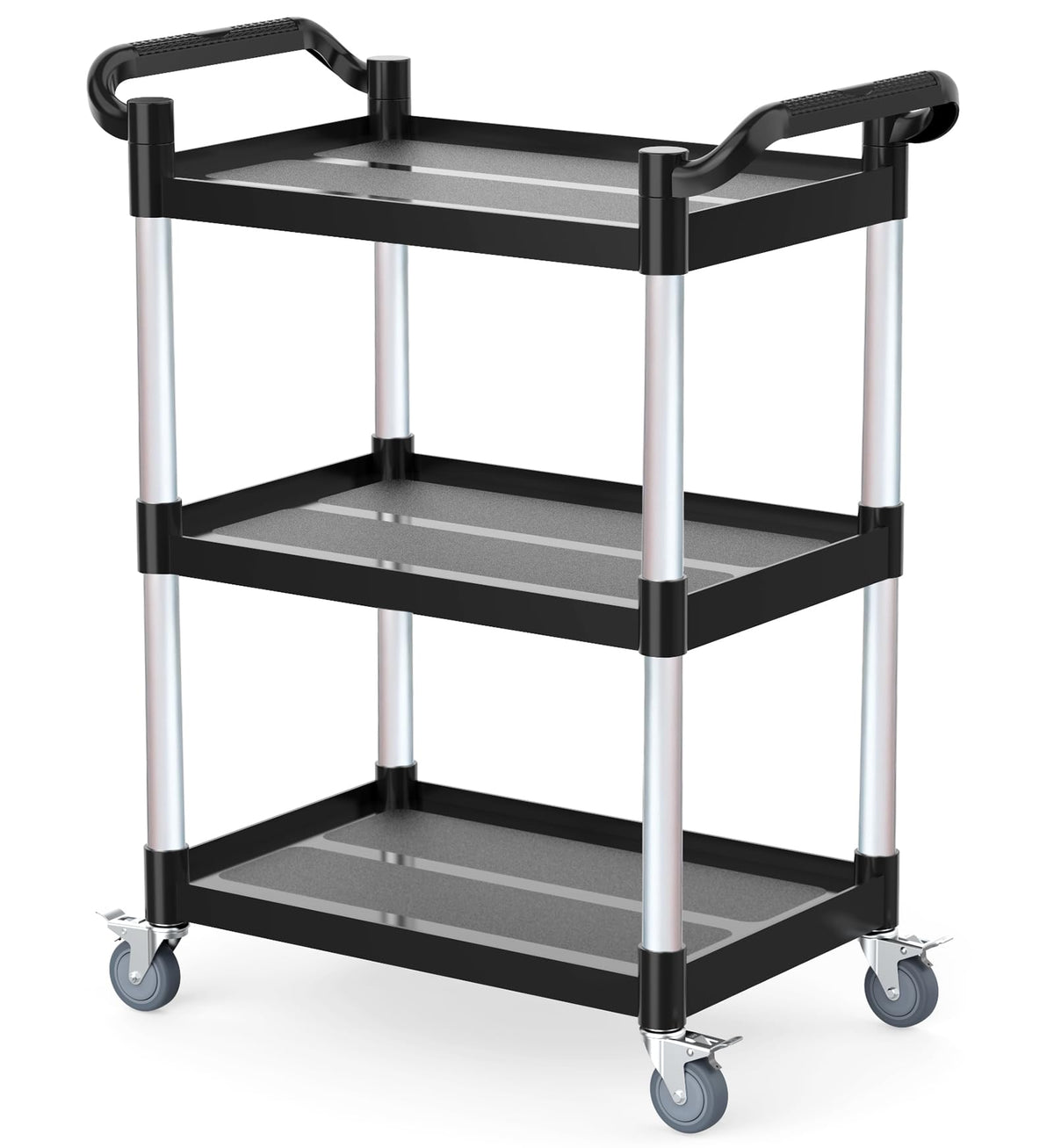 17Tek 3-Tier Rolling Utility Cart with Wheels,4 Lockable Casters, Plastic Service Cart with 510lbs Capacity, Commercial Service Cart on Wheels for Restaurant/Office/Warehouse/Kitchen/School, Black