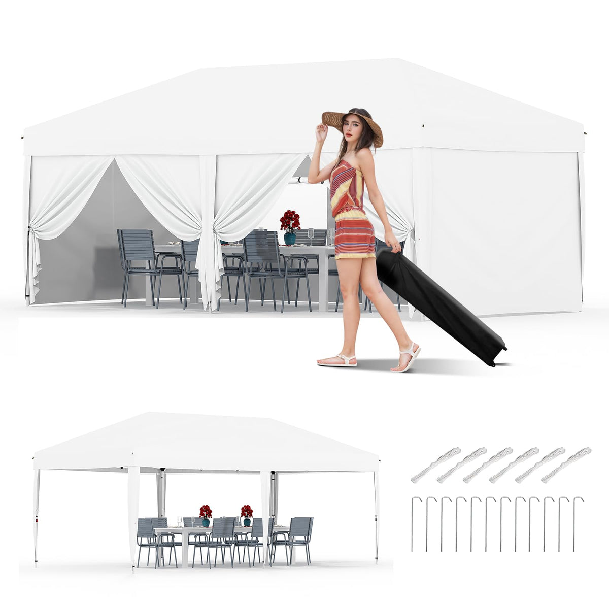 GarveeLife 10x20 Pop Up Canopy with 6 Sidewalls, Beach Ten with One Push Setup, Heavy Duty Outdoor Instant Canopy Tent with Portable Roller Bag, Silver Coated Top, 3 Adjustable Height, Sandbags,White