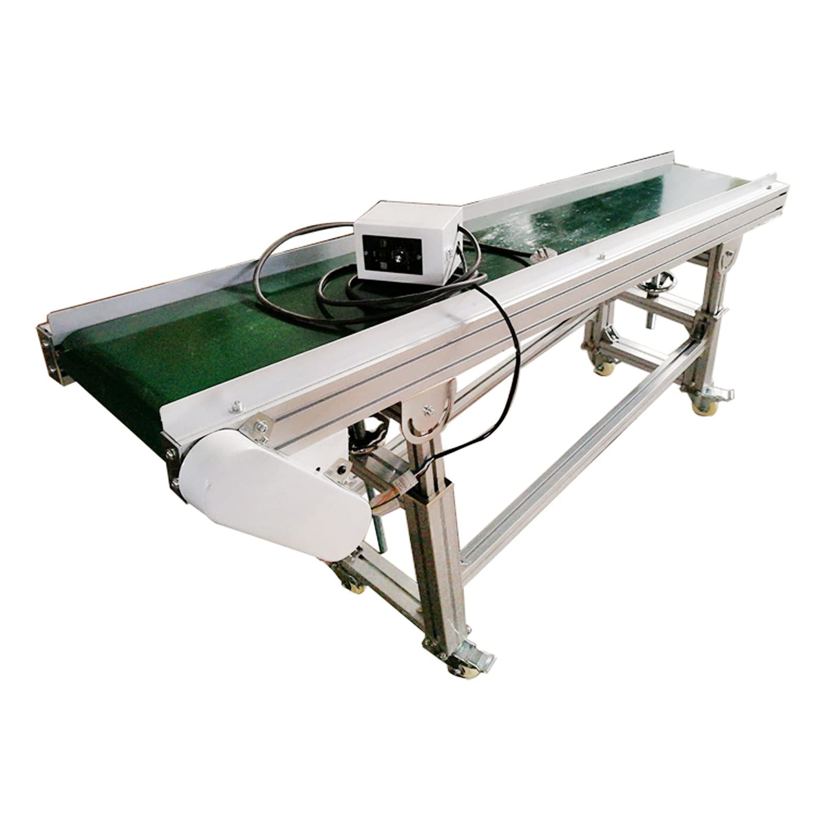 BREVELTION 59inch 110V PVC Inclined Wall Conveyor Belt Double Baffle Green PVC Belt Height Adjustable 11.8inch Wide 120W