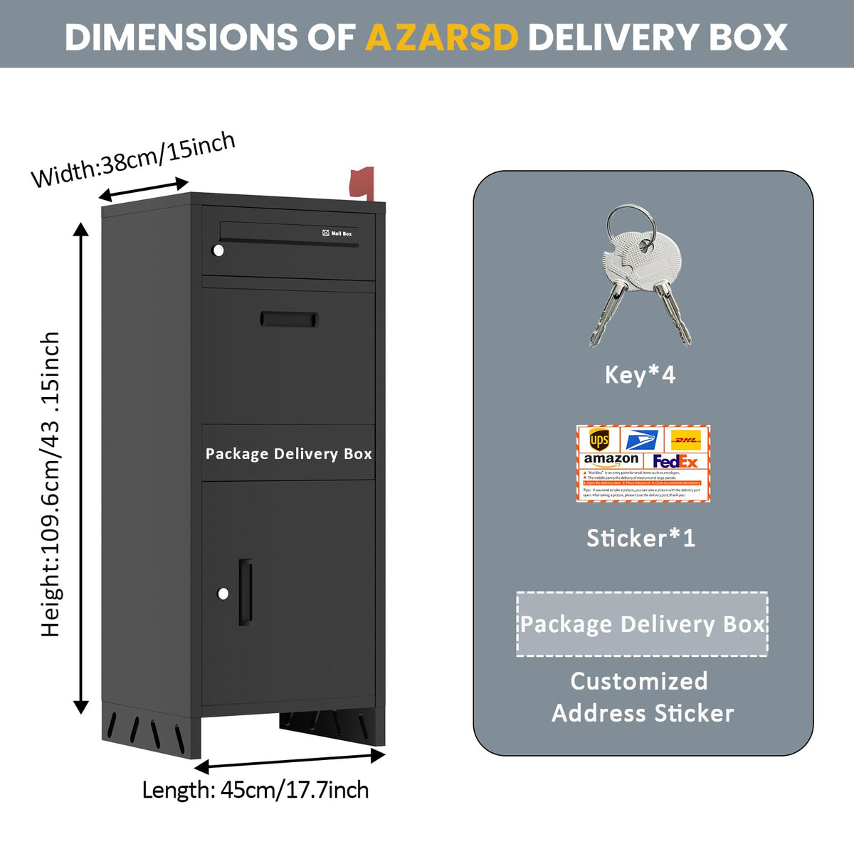 Package Delivery Boxes for Outside, Lockable & Waterproof Parcel Drop Box for Porch, Anti-Theft Mailbox with Custom Address Stickers,Assembly(14.5 * 17.5 * 43 in)