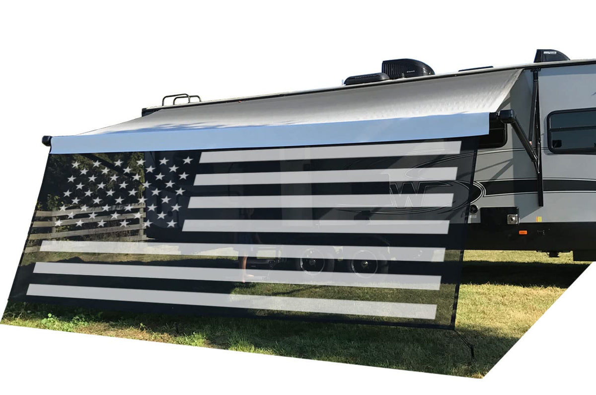 Tentproinc RV Awning Sun Shade Screen 8' X 13' 3'' (American Flag) Black Mesh Sunshade Camper Trailer Awning Shade Screen UV Blocker Completed Kits