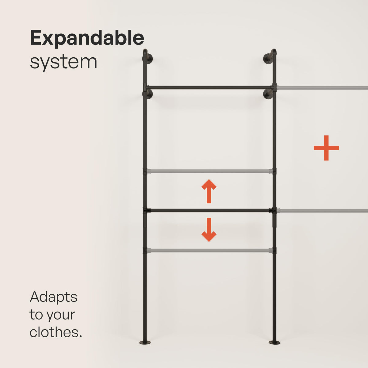 pamo Industrial Pipe Clothing Rack – Wall Mounted Black Closet System in Powder-Coated Steel – 116.54" W × 87.4" H – Easy Setup – Ideal for Walk-In Closets & Retail Use