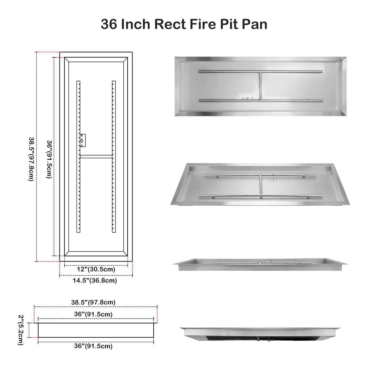 Stanbroil 36 x 12 Inch Rectangular Fire Pit Burner with Drop-in Fire Pan, Gas Firepit Insert for DIY Fire Table, 304 Stainless Steel, 150,000 BTU Max