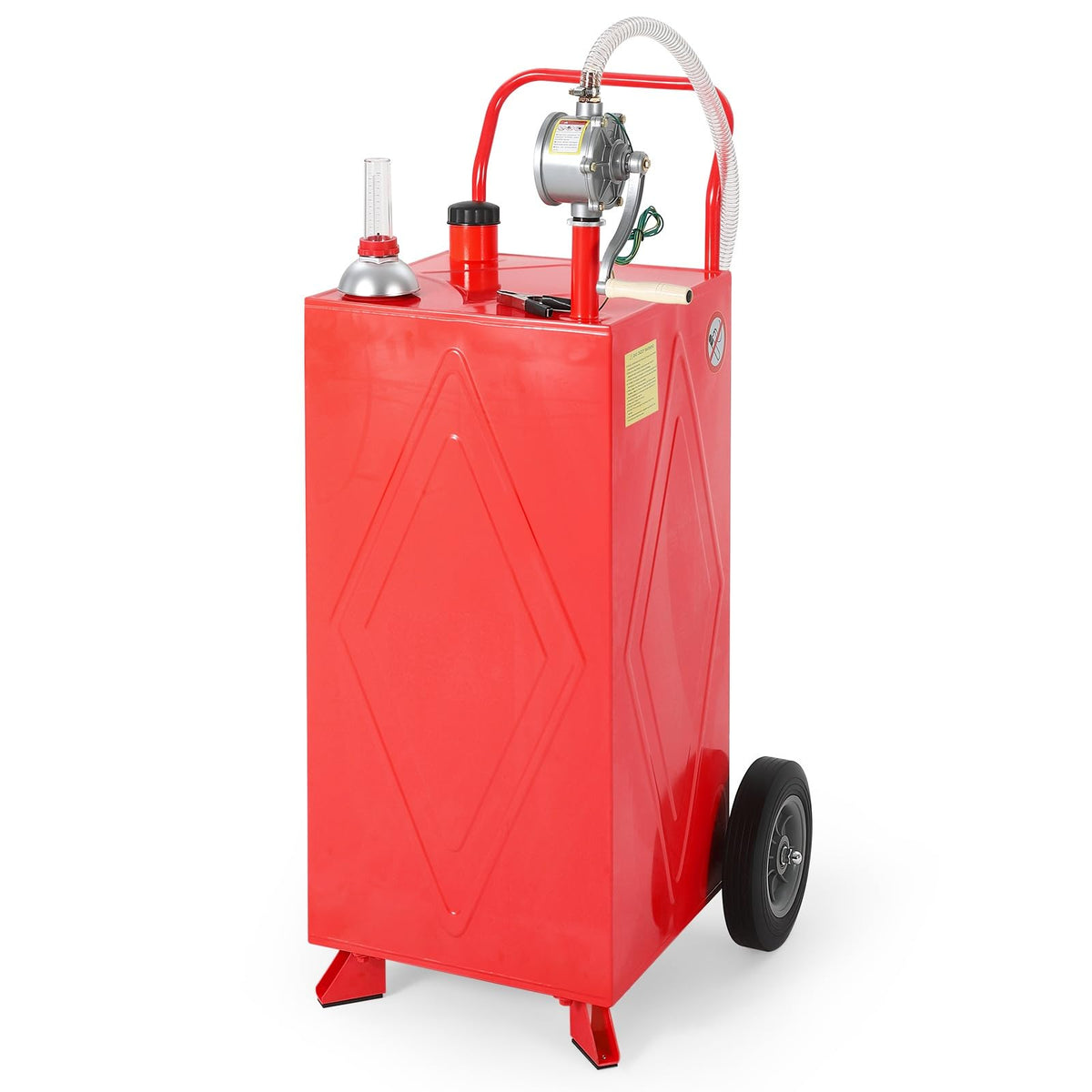 35 Gallon Fuel Gas Caddy Storage Tank, Portable Gas Caddy Fuel Transfer Tank with Wheels, Manual Rotary Pump, Hose, Wide Mouth Fill Port, Fuel Level Gauge, Mobile Gasoline Diesel Transfer Cart for ATV, Tractor, Mower, Car, Boat