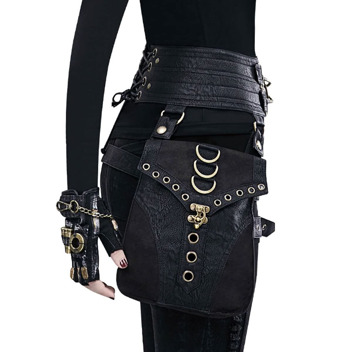 Waist Bag Belt Purse Fanny Pack Crossbody Motorcycle Hiking Phone Holder Wallet Vintage Leather Casual Fashion Daypack Gothic Festival Costume Hip Pouch for Women Men (Com)