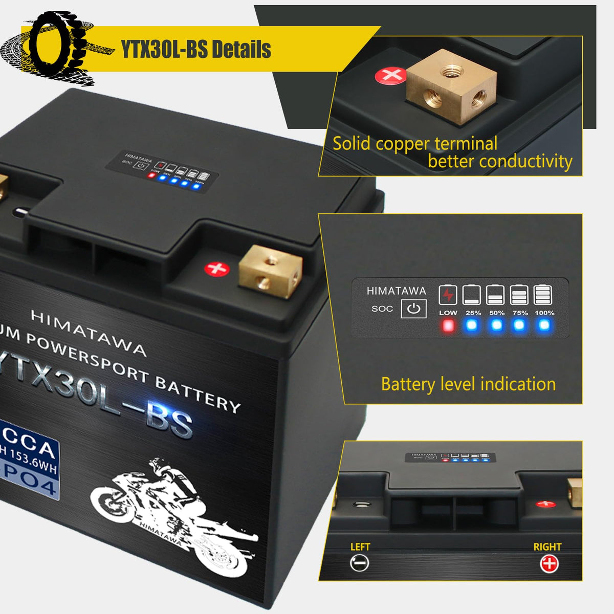 Himatawa YTX30L-BS lithium battery 780cca 12Ah LiFePO4,Fits for motorcycle,UTV,ATV,PWC,Jet Ski, Scooter, Lawn Mower, Snowmobile, Motorbike,Tracktor,Quad