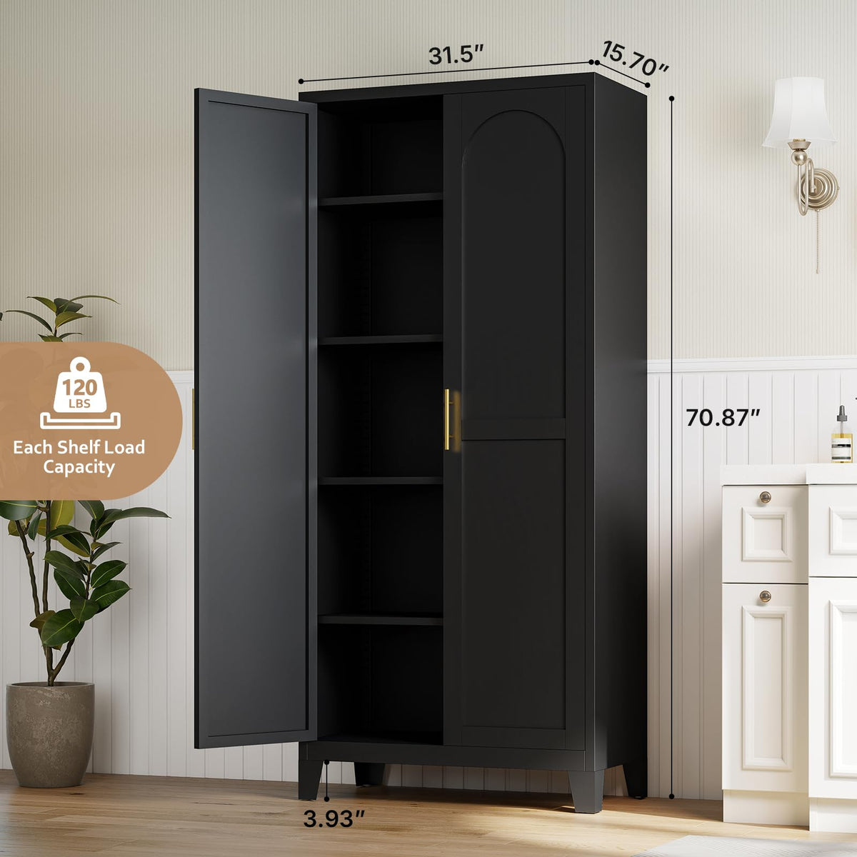 Zevemomo 70.87" H Metal Kitchen Pantry Cabinet, Freestanding Cupboard with 2 Doors and 4 Adjustable Shelves, Tall Metal Storage Cabinet for Kitchen, Bathroom, Dinning Room or Laundry Room （Black）