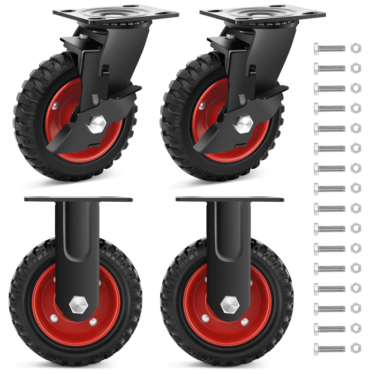 Nefish 6 Inch Heavy Duty Casters Wheels, Premium Rubber Outdoor Casters Wheels, Industrial Grade Rubber Castors with Knobby Tread for Dolly 1800 LBS, Industrial and Chicken Coop (2 Brake & 2 Rigid)