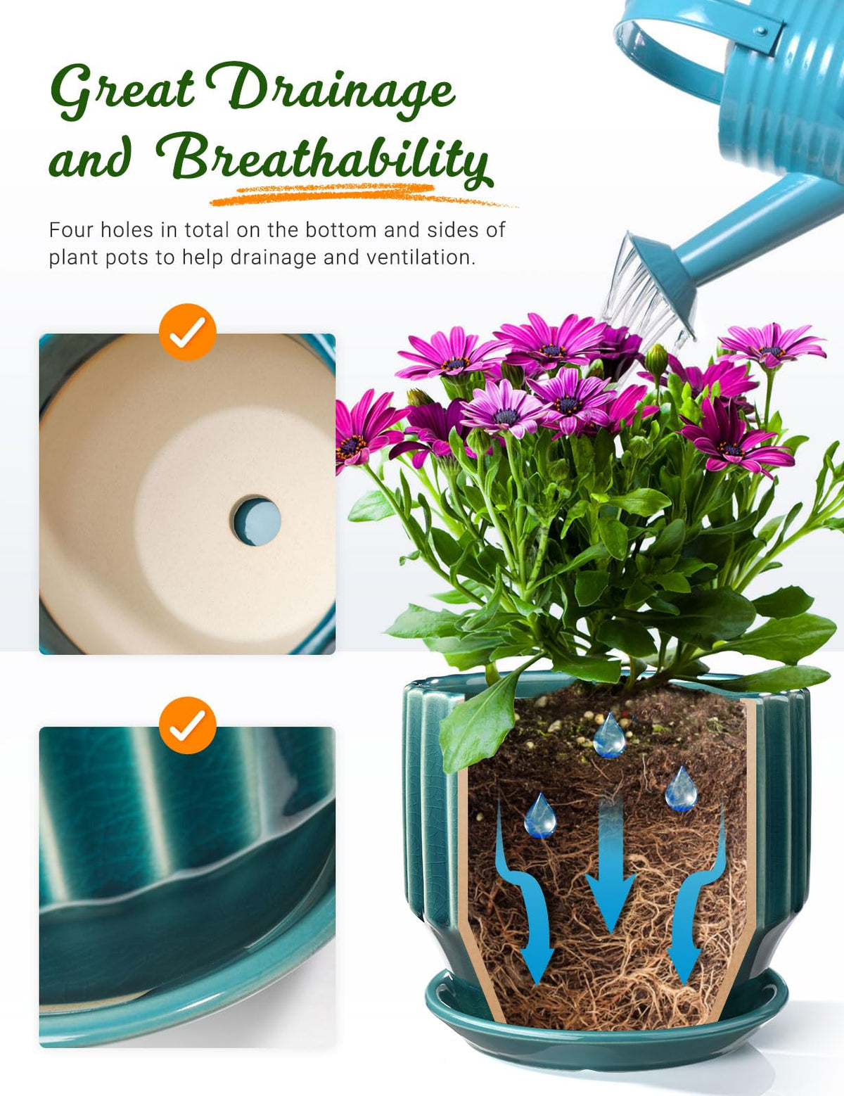 AISBUGUR Plant Pots 6 inch Ceramic Pots for Indoor Plants Set of 2 Flower Pots Unique Crackle Glaze Design Plant Pots with Drainage Hole and Saucer Come with Drainage Nets (Aqua Green)