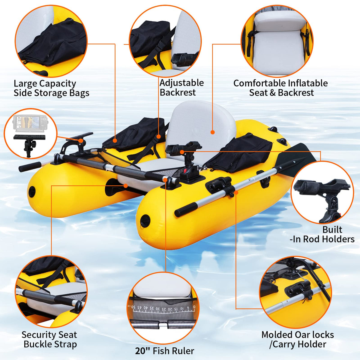 Xproutdoor Inflatable Fishing Float Tube, Belly Boat Fishing with Adjustable Backpack Straps, Storage Pockets, Fish Ruler, Pump, Oar, Float Tubes for Fishing, 350 LBS Load Capacity