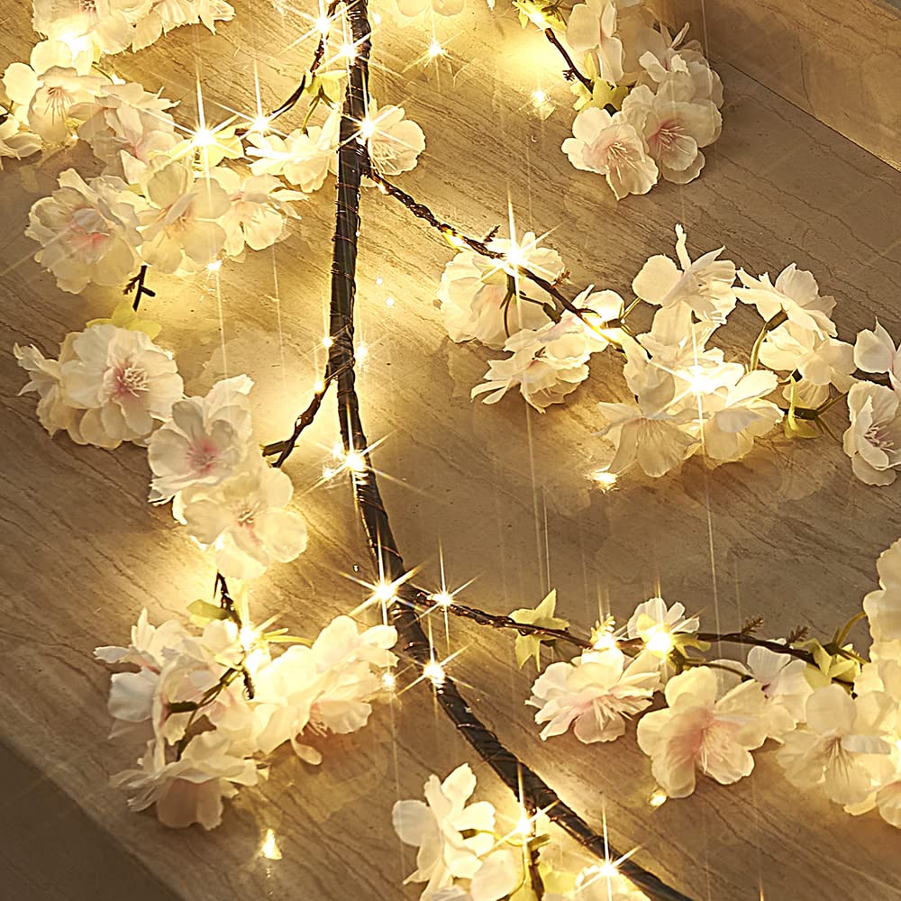 LITBLOOM Cherry Blossom Garland with Lights Battery Operated with Timer 96 Fairy Lights, Lighted Flower Garland 6FT for Mantle Firepalce Wedding Party Decoration Indoor Outdoor