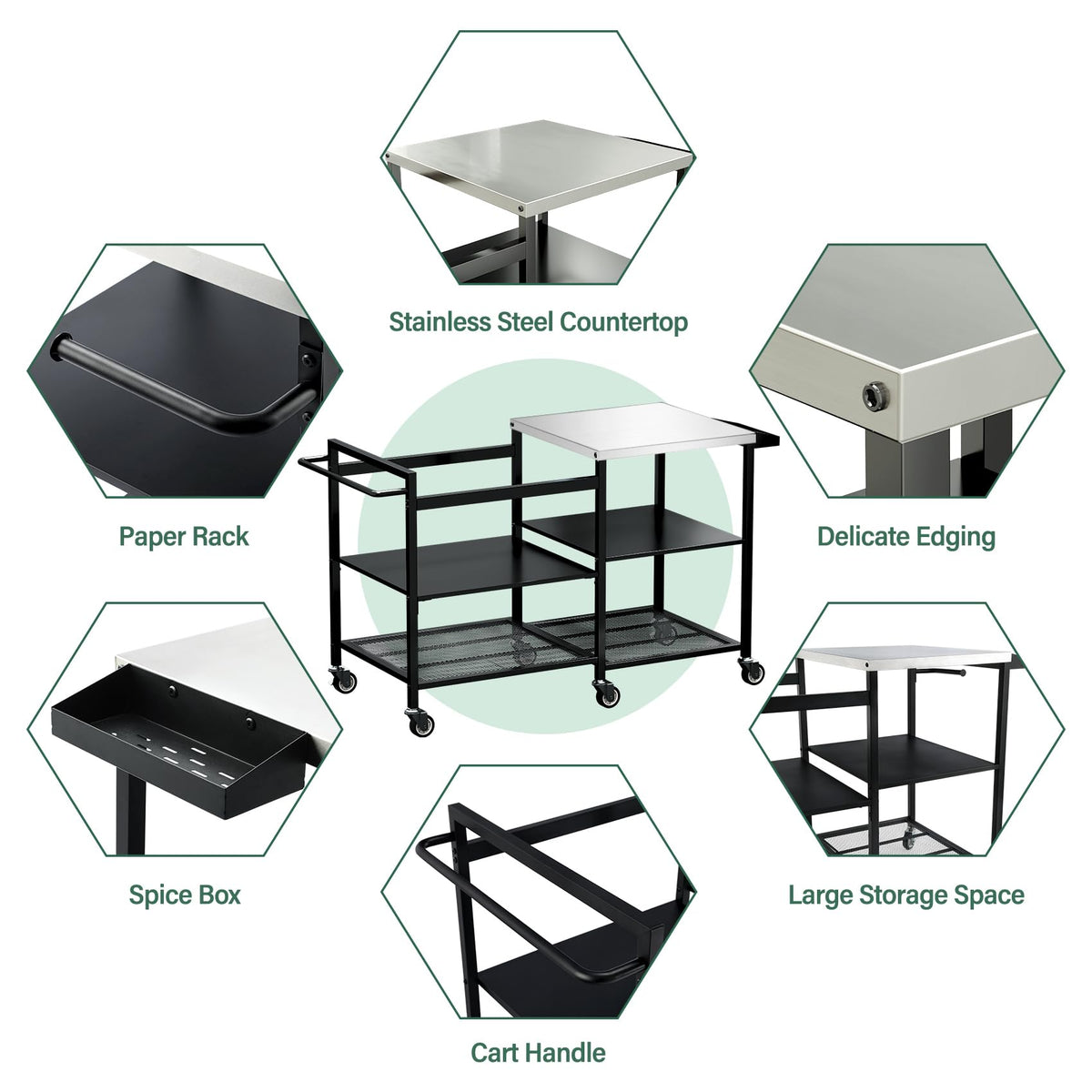 TC-HOMENY Grill Table for Big Green Egg Stand, Metal Cooking Table Stand with Wheels, Heavy Duty Outdoor Movable Style BBQ Grill Cart, Grill Holder Compatible with Large Big Green Egg and Other Models