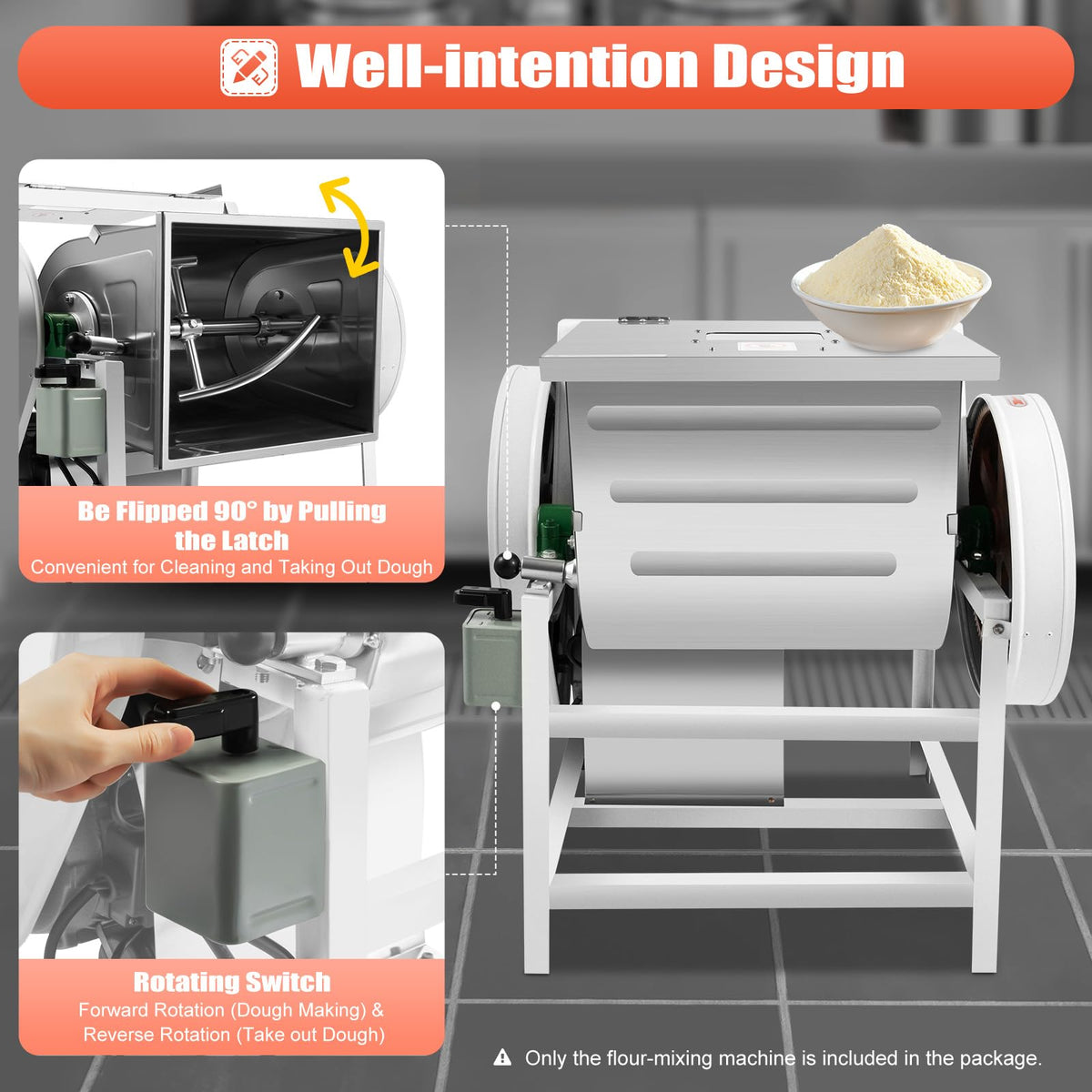 RocoReny 30QT Commercial Electric Dough Mixer Mixing Machine, 1500W 110V Stainless Steel Heavy Duty Pizza Dough Kneading Machine with 90° Tilt Bowl for School Bakery Restaurant