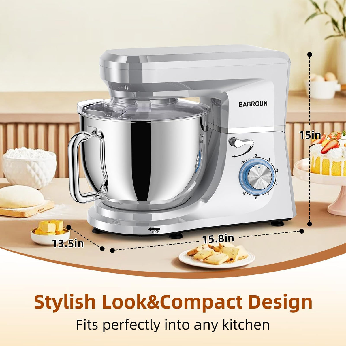 Babroun Dough Mixer 8.45 QT Electric Mixer - 660W 6 Speed Large Capacity Kitchen Stand Mixer with Whisk Dough Hook Mixing Beater Household Food Mixer for Baking Cakes Cookie Bread Salad(Silver)