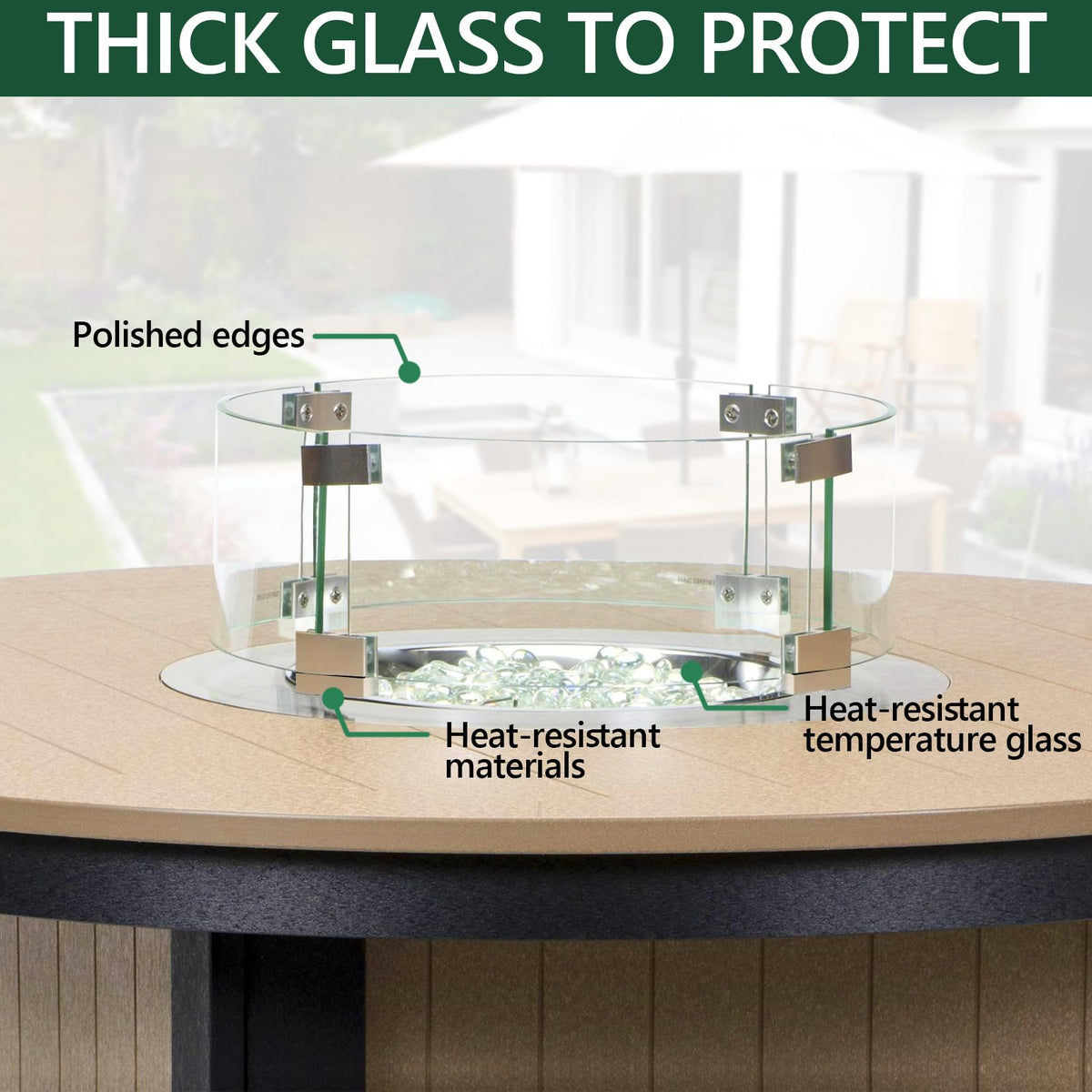 vchin Fire Pit Wind Guard, 23" Glass Wind Guard for Fire Pit Round Table, Made of Clear Tempered Glass Set with Assembly Instructions