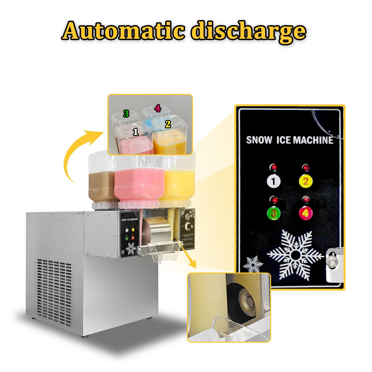 Kolice Commercial Shaved Ice Machine - 264 lbs/Day Snow Cone Maker with 4 Flavor Buckets, Automatic Ice Shaver for Restaurant Food Van Dessert Shop, Stainless Steel 750W