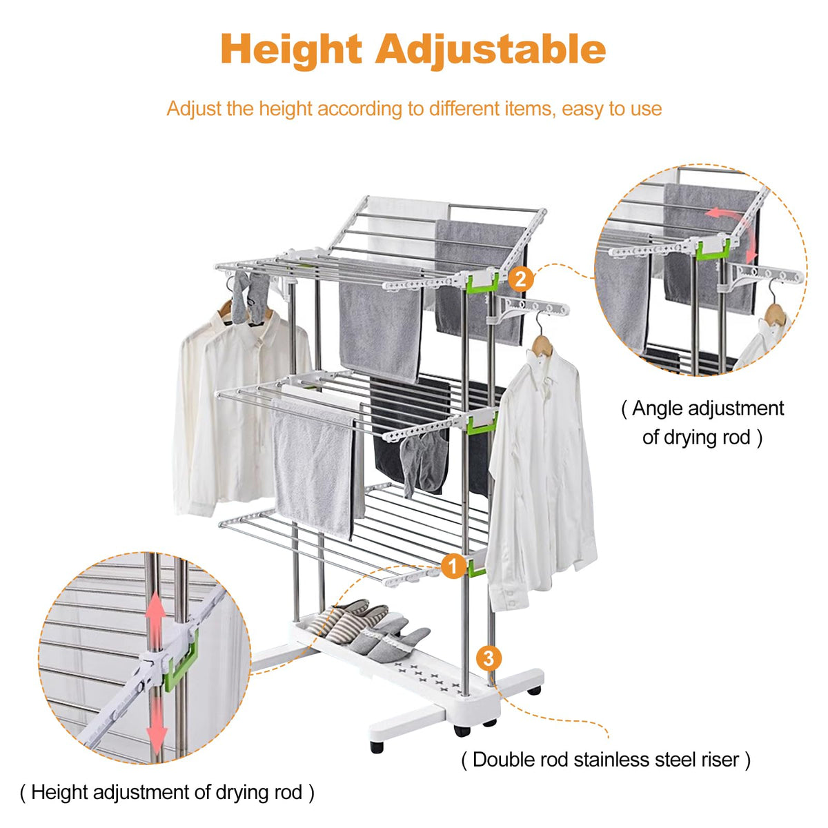 Ergocar Airer Clothes Drying Rack, 4-Tier Foldable Clothes Hanger, Adjustable Stainless Laundry Dryer Hanger, Rolling Clothes Drying Rack with Wheels, for Indoor & Outdoor, White