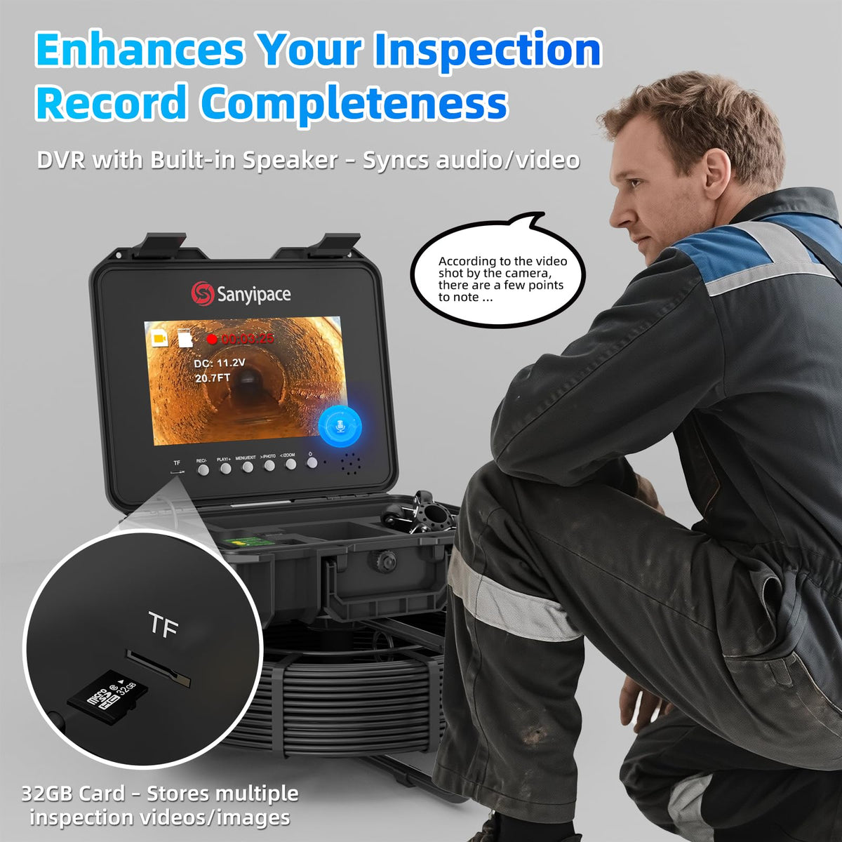Sanyipace Sewer Camera with Pipe Locator, 7mm/0.28inch Cable, 512Hz, 10.1" IPS Screen, 32GB Card, 165FT/50M Borescope Inspection Camera, DVR with Speaker, for Drain Pipe Plumbing Inspection