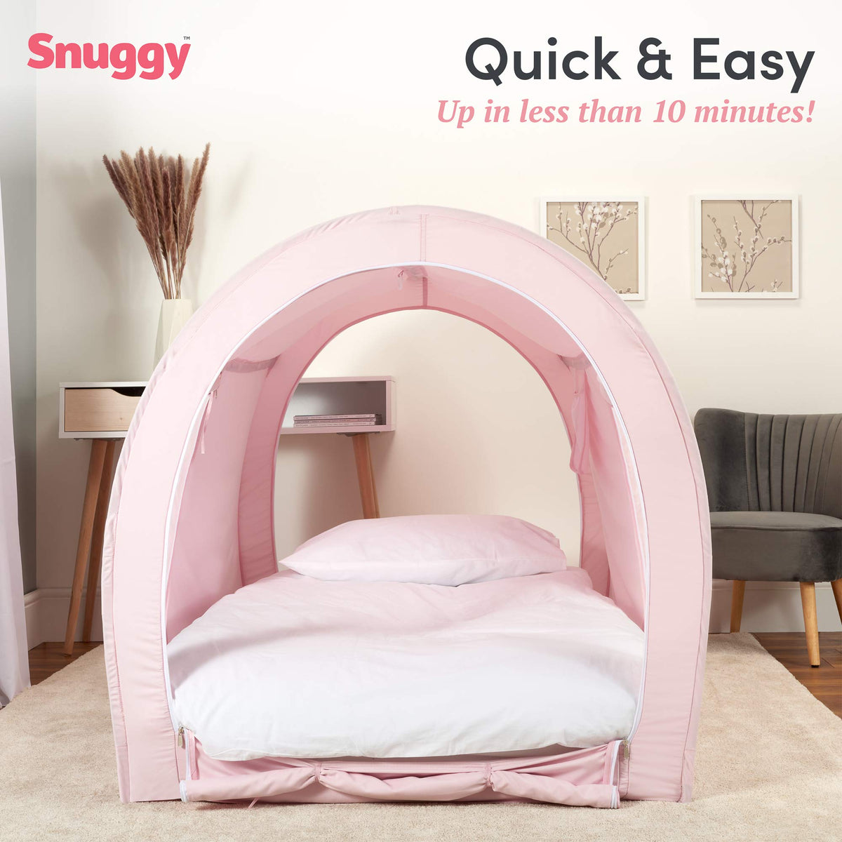Snuggy Pod Bed Canopy – Pink (Twin Size) | Pop-Up Bed Tent | Sensory-Friendly Indoor Sleep Pod with Privacy & Light Blocking | Lightweight, Breathable & Foldable Design | Carry Bag Included