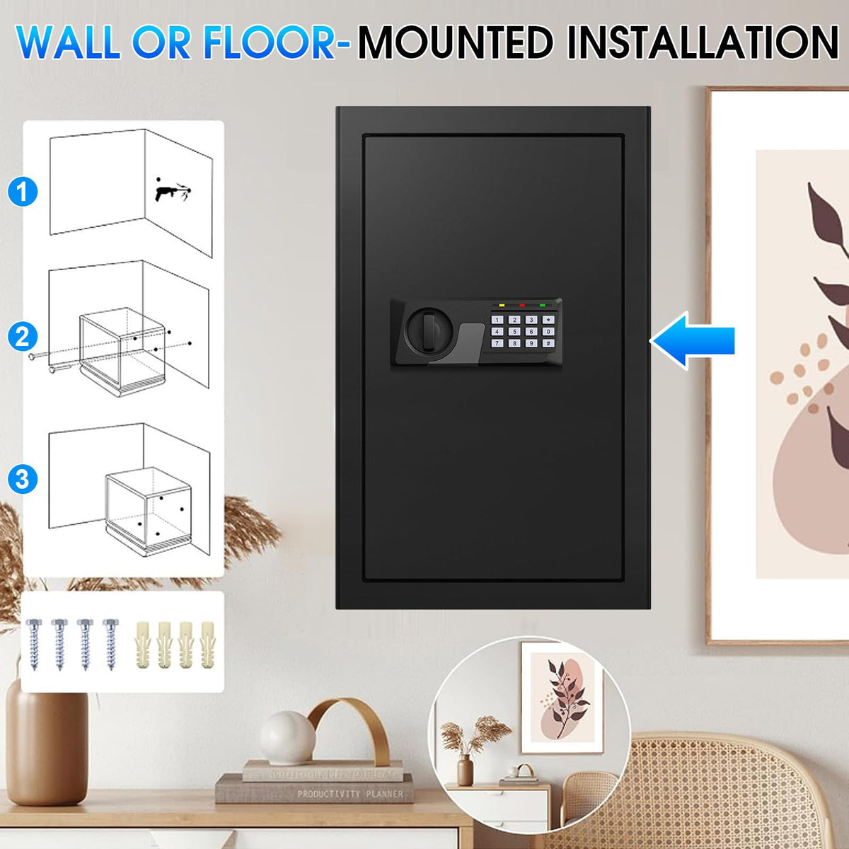 3.3 Cuft Large Fire Proof Safes for Home Use, Personal Fire Safe Box with Electronic Keypad and Spare Key, Removable Shelf, Digital Home Safe Fireproof Waterproof for Cash Documents Valuables