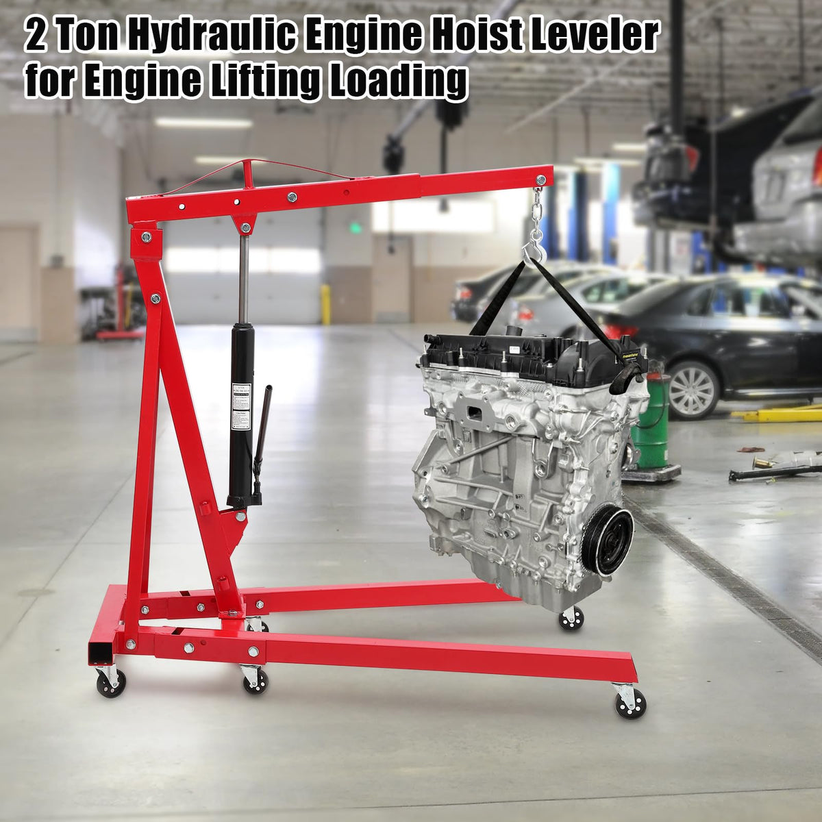GarveeTech 2 Ton Hydraulic Engine Hoist, 4400 LBS Folding Picker Hoist, 6 Casters and Lever Heavy-Duty Hoists for Garage Auto Repair (Red)