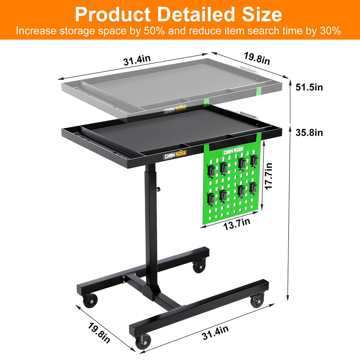 Adjustable Height Mobile Work Table with Rolling Wheels, Rolling Tray Table for Mechanics, Garages, Repair Shops, Warehouse, Workshop, and DIY