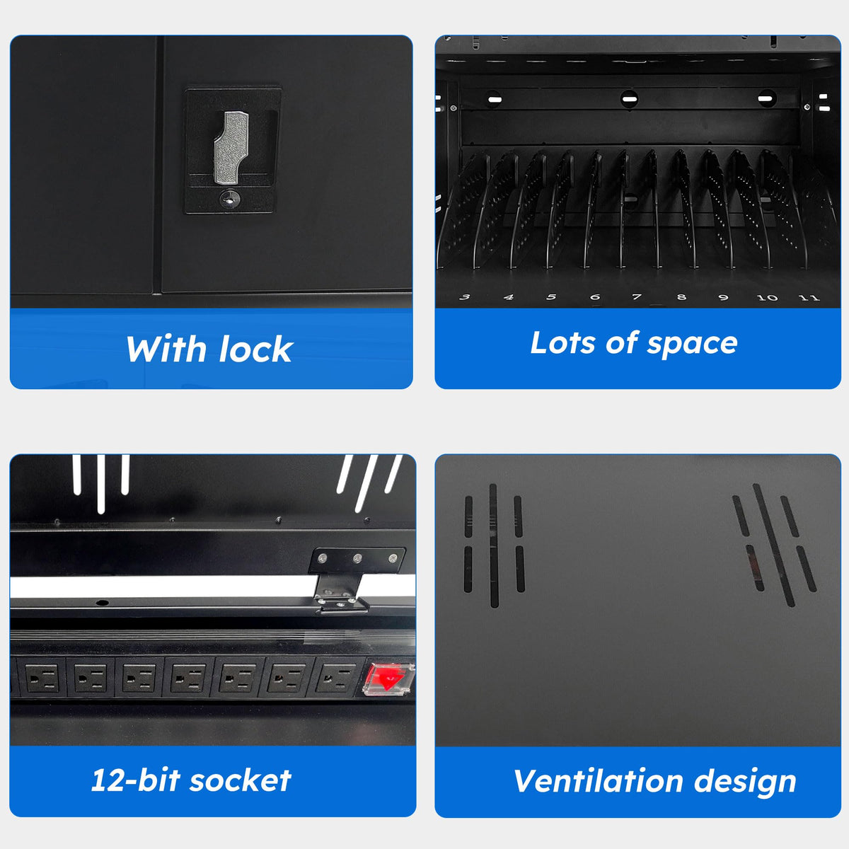 12 Device Charging Station for Laptops & Tablets, Portable Lockable Charging Cabinet Lock Box with Cable Management,Fits 17in Laptop Computers Chromebooks, for Classroom, Library, and Office(Black)