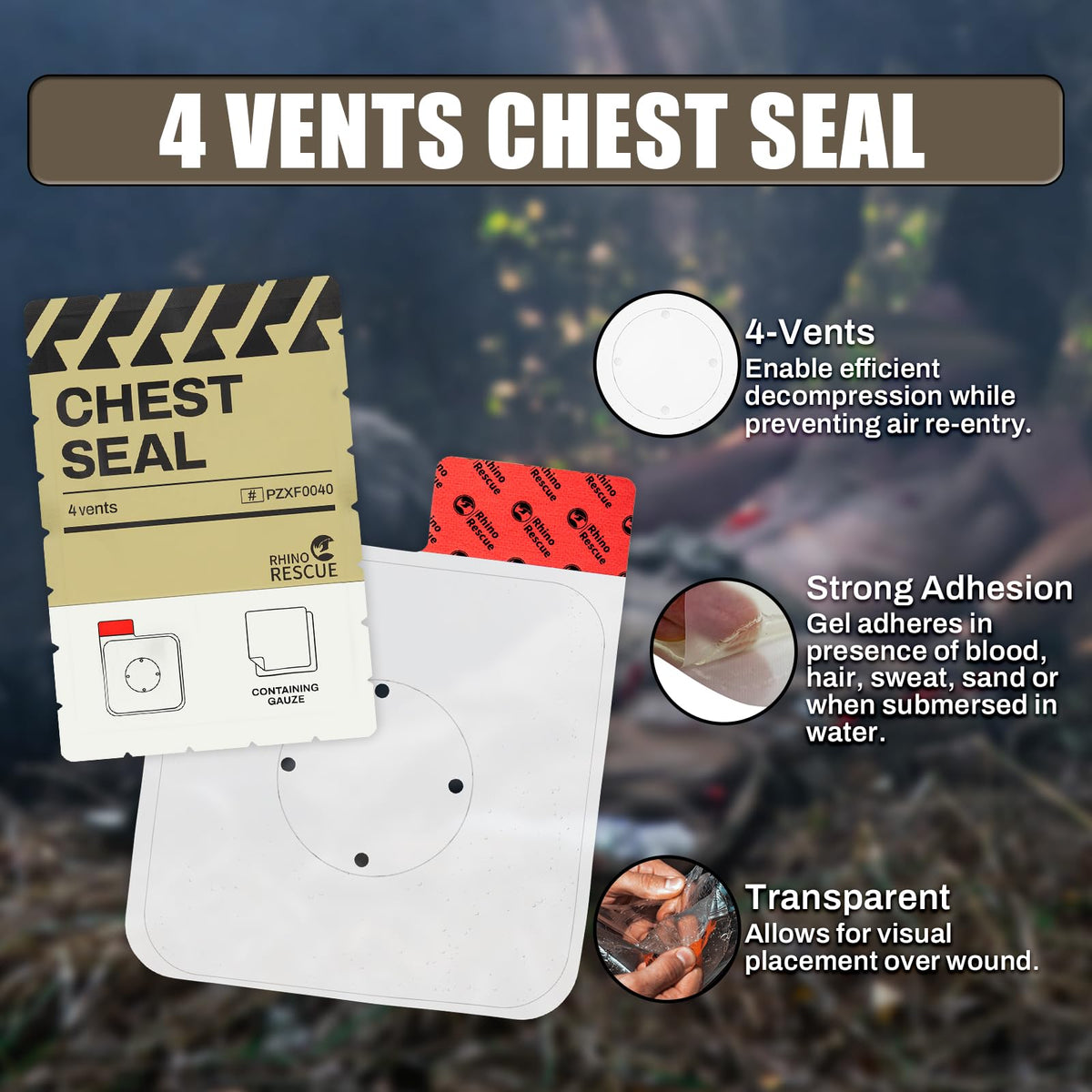 RHINO RESCUE Bundle-Vented Chest Seal, 4 Vents, Sterile Emergency Trauma Dressing, Occlusive Adhesive Pad+IFAK Trauma Kit with C-A-T Tourniquet for Wound Care, Tactical First Aid Kit Molle Pouch