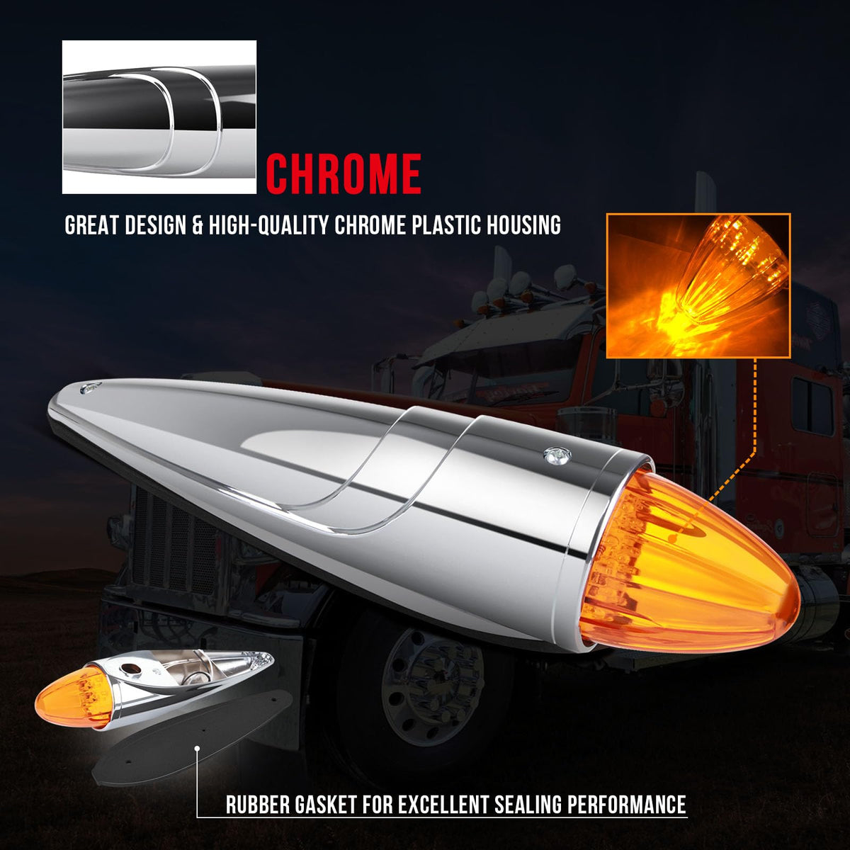 cciyu 11x Truck Cab Marker Light 17 LED Torpedo Cab Marker Lights Chrome Heavy Duty Trucks Replacement for International Kenworth/Peterbilt/Freightliner/Mack Amber Top Roof Running Light