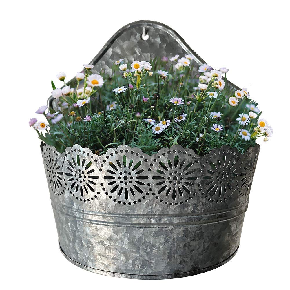 Lily's Home Indoor Outdoor Wall Mounted Planter with Floral Accents for Succulents, Cacti, Herbs, Faux Plants, Galvanized Metal. Plants Not Included