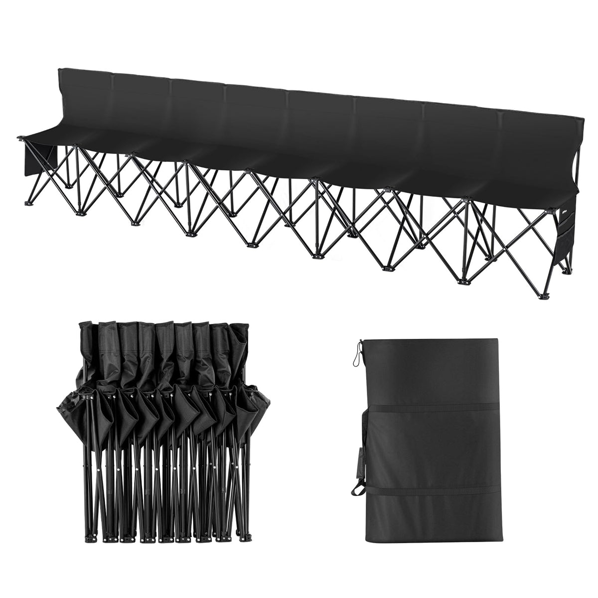 VEVOR Portable Folding Bench, 8 Seats Foldable Sideline Bench, Outdoor Camping Bench Chair with Carry Bag & Backrest, Team Sport Sideline Bench for Football Fishing, No Assembly Instant Seating, Black