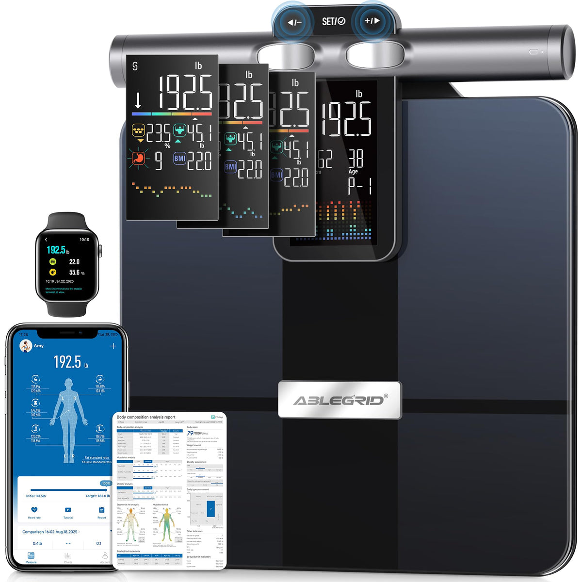 ABLEGRID 8-Electrode Digital Smart Bathroom Scale for Body Weight and Fat Percentage,Full Body Composition Analyzer with Gradient Trends Display,12.2" Platform Handle BMI Weighing Machine,400lb