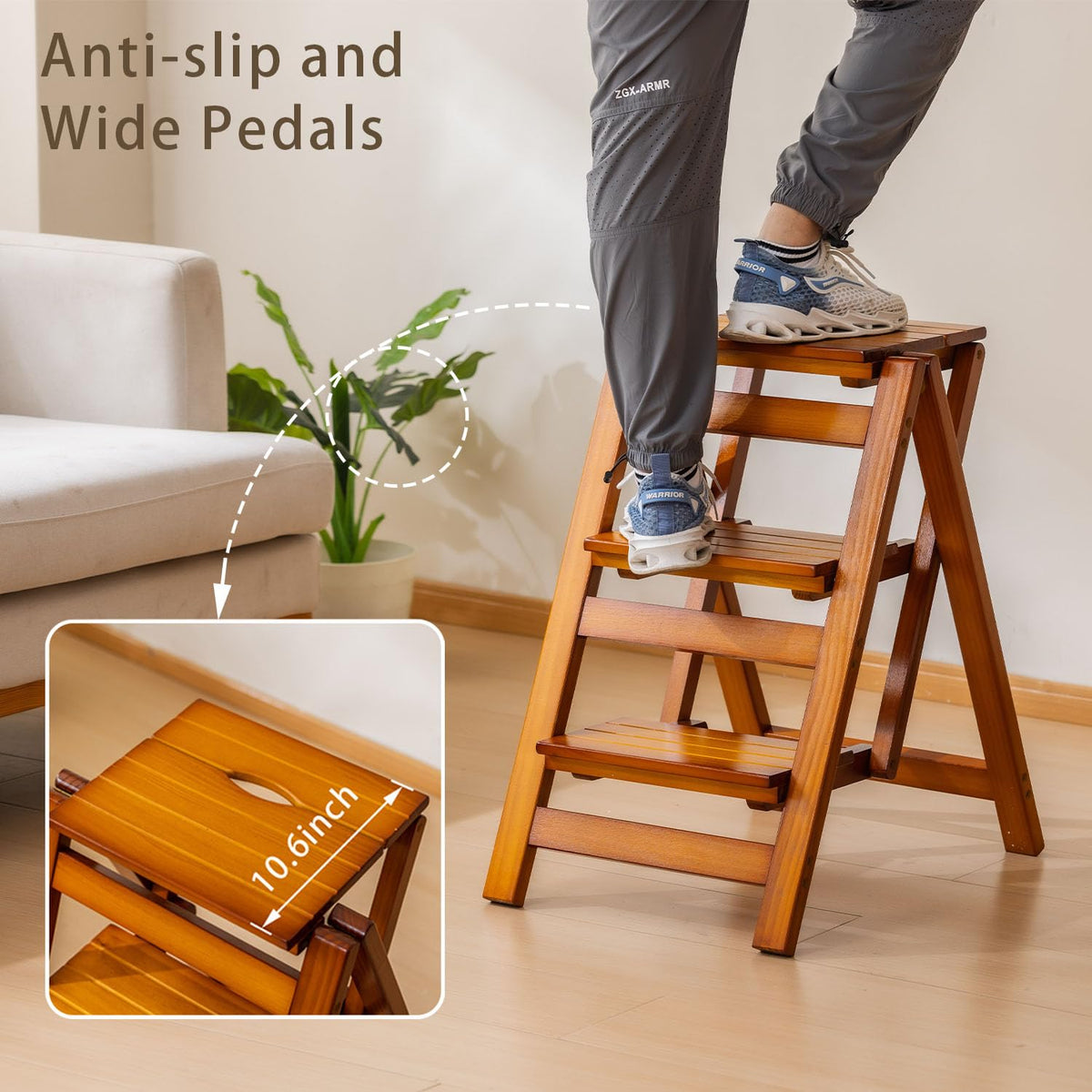 SOBIBO Wooden Step Stool, Foldable 3 Step Ladder, Solid Wood Ladder Stool for for Home, Kitchen & Garden Walnut