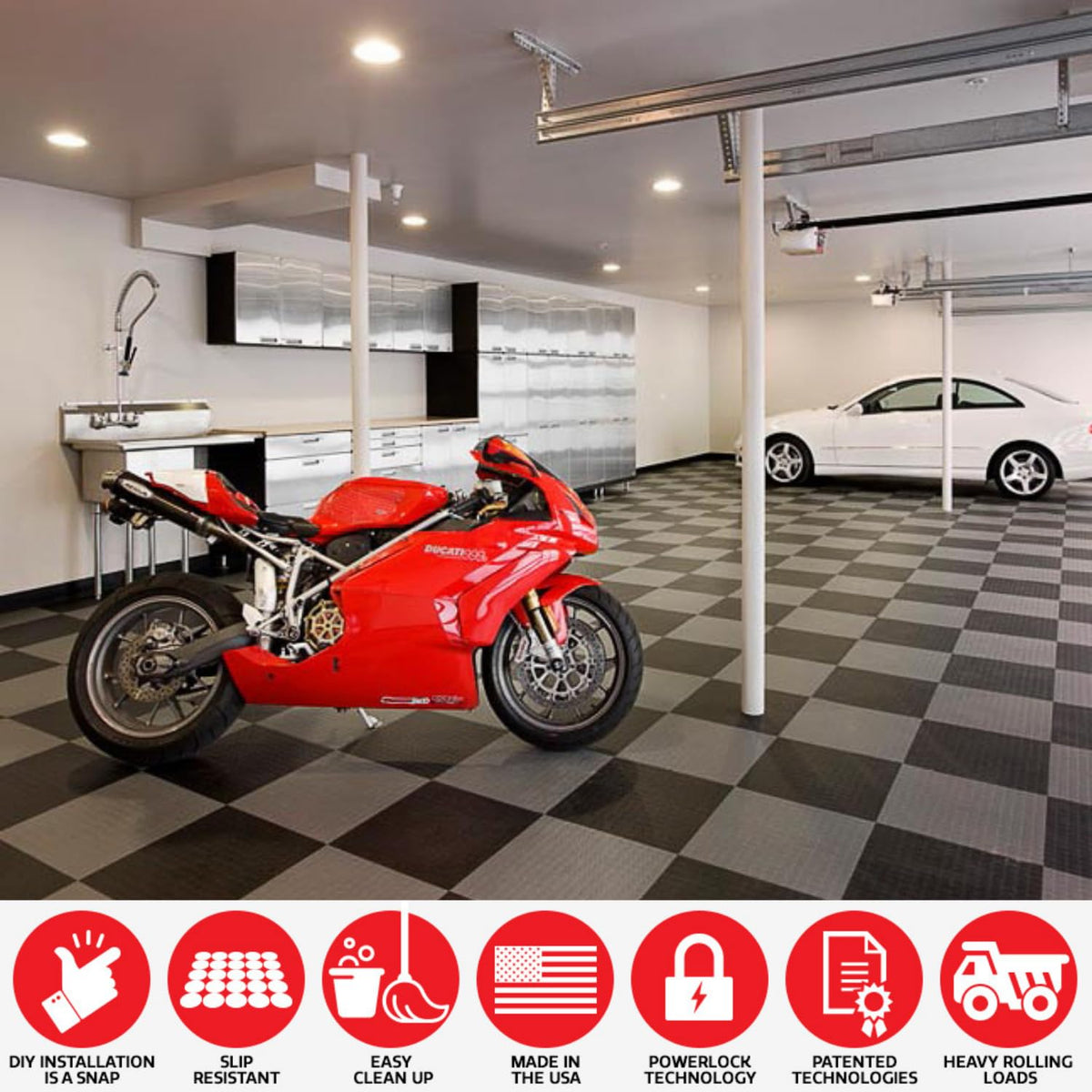 Big Floors GarageDeck Garage Floor Tiles, Interlocking Garage Flooring, Coin Pattern Non-Slip Heavy-Duty Copolymer Modular Tile (Black, 48 Pack of 12 x 12" Tiles, 48 Sq Ft)