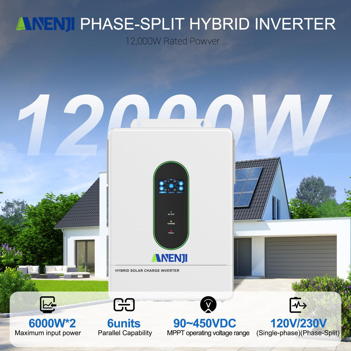 Aninerel 12000W Solar Hybrid Inverter 48V DC to 120V/240V AC Single Phase Split Phase Power Inverter, Pure Sine Wave, Built-in 2 MPPT Controller, Max. 220A Battery Charging, Parallel 6 Units, UL1741