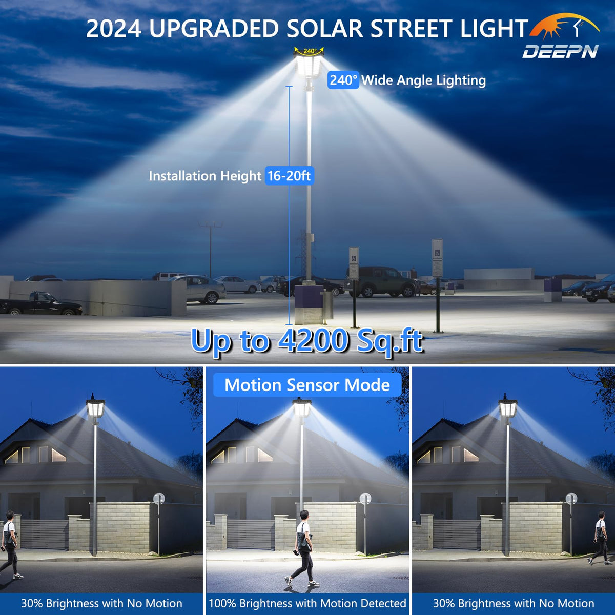 Deepn Solar Street Light, Commercial Grade Solar Lights Outdoor IP67 Waterproof, 8700W LED Flood Security Lights Motion Sensor & Dusk to Dawn Outdoor Lighting for Parking Lots, Streets & Yard, 4 Pack